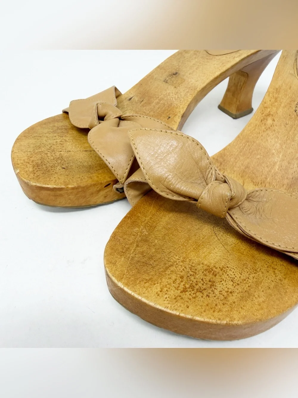 MIA Brown Leather Bow Slides Wood Soles Size 10 Kitten Heels Y2K 90s Girl
